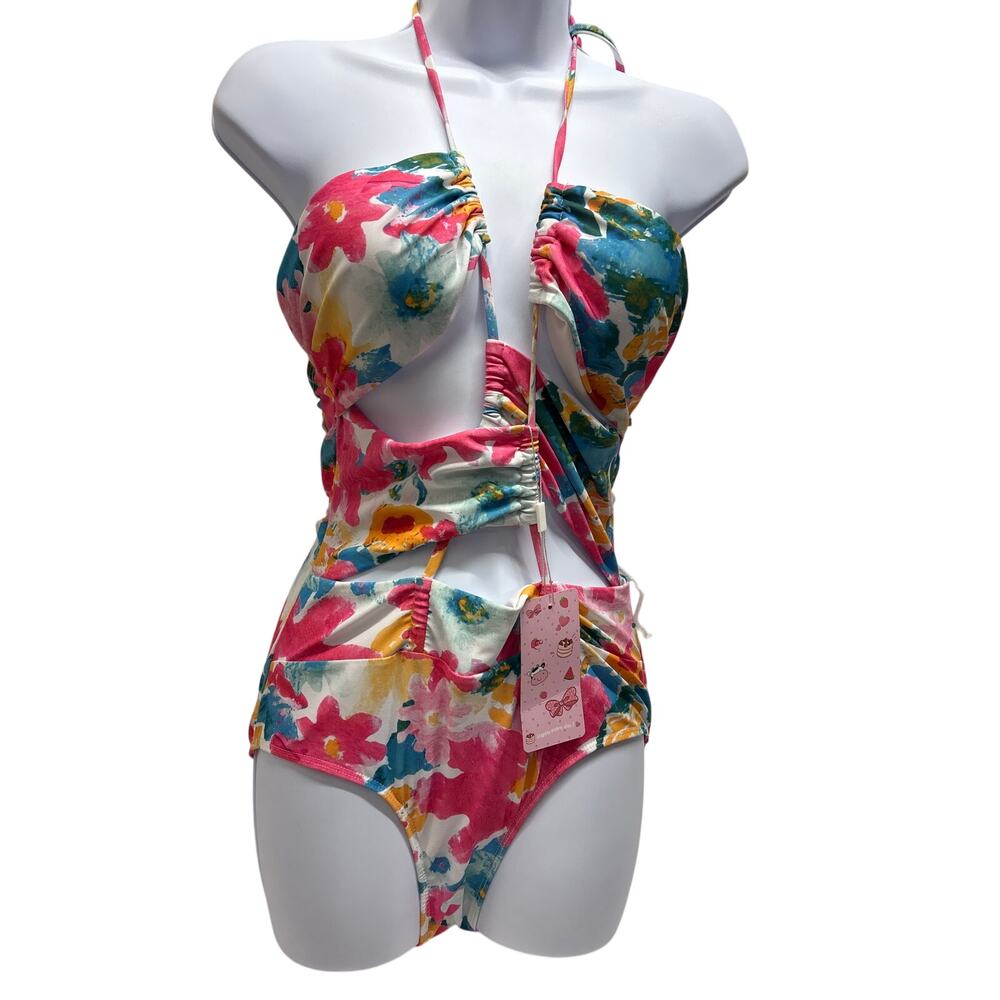 New Multicolor Hawaii halter string crossover one piece swimsuit medium backless